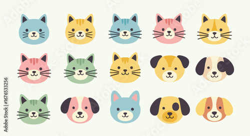 Cute Cartoon Pets: A Colorful Array of Cheerful Cats and Dogs Featuring Pastel Shades and Simple Designs Representing Joy and Playfulness