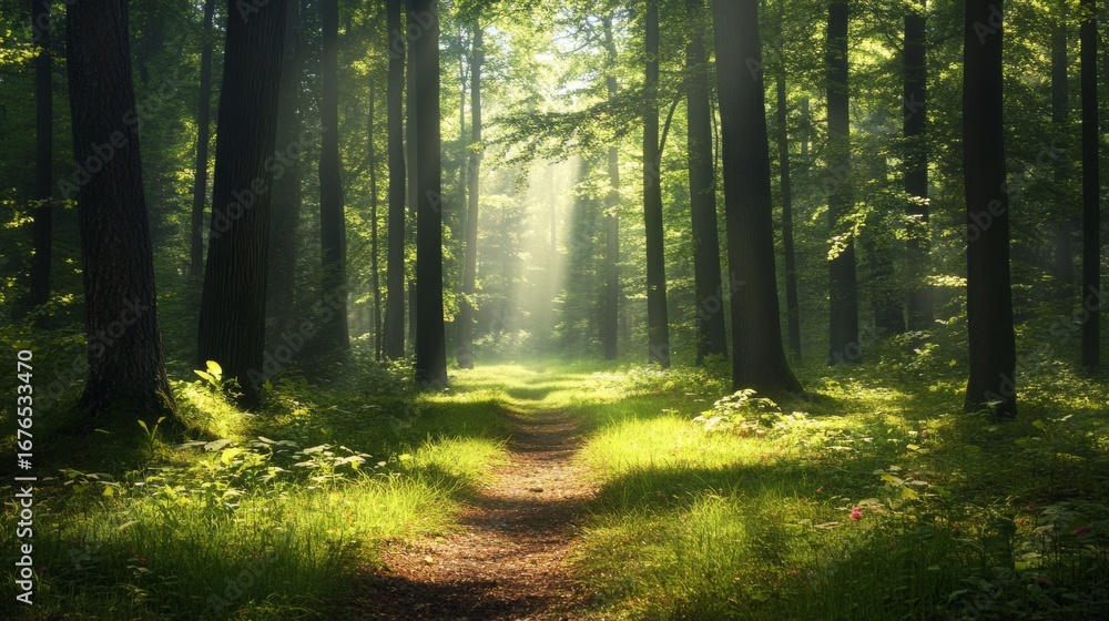 Naklejka premium A sunlit path through a lush green forest
