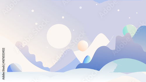 Abstract pastel landscape with spheres and gentle mountains under a soft sky