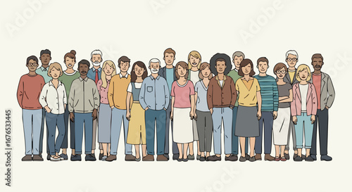 Diverse group of people standing together in a stylized hand-drawn illustration style