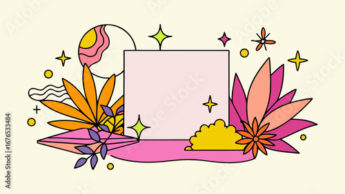 Abstract retro floral design with a central square frame and vibrant geometric elements