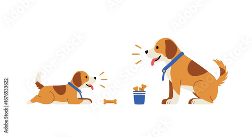 Playful canine communication showcasing vector cartoon dogs training and playful interactions isolated against a clean white backdrop for clarity