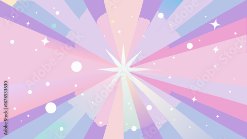 Whimsical pastel starburst with floating circles and sparkles