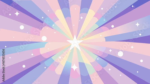 Whimsical pastel starburst with sparkling accents and soft cloud shapes