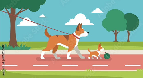 Delightful stroll: A heartwarming illustration of two dogs enjoying a sunny walk in the park amidst vibrant trees and serene clouds