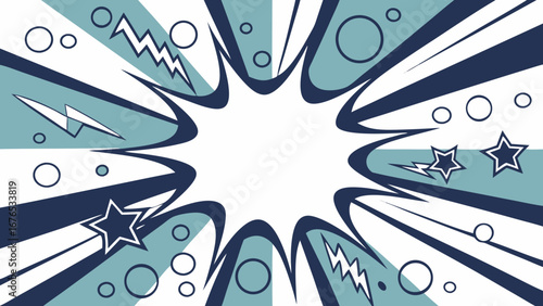 Dynamic comic book explosion background with stars and lightning bolts in teal and navy