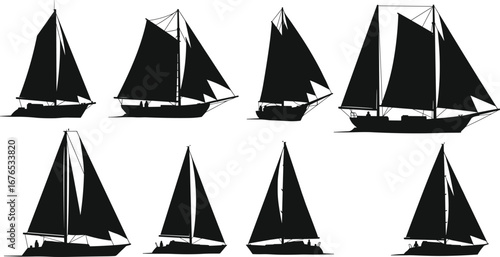 Sailboat silhouettes, nautical icons, black vector illustration, sailing vessels, maritime design, ocean transport, yacht shapes, boat collection, sea travel, marine art