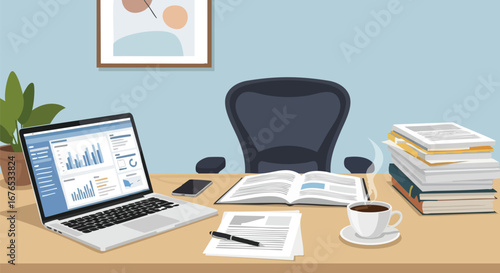 Office workspace showcasing financial analysis and strategic planning insights, complete with digital tools and traditional documentation