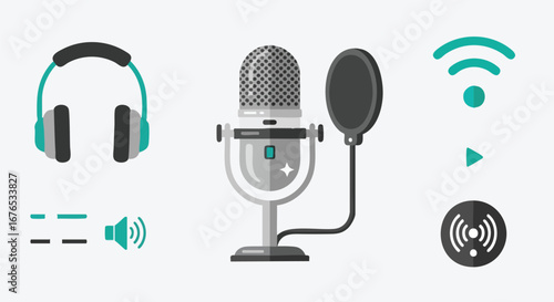 Modern illustration showcasing podcasting equipment: a microphone, headphones, and broadcast related icons