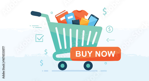 Online Retail Experience: A Lighthearted and Engaging Illustration of E-Commerce and Shopping Cart Purchase Conveying the ease and accessibility of