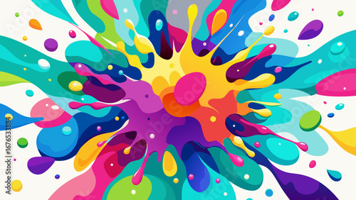 Vibrant abstract explosion of colorful liquid splashes and droplets on a white background