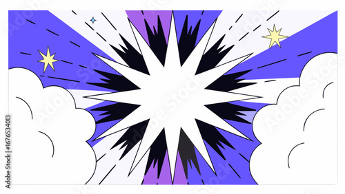 Explosive comic book style burst with starbursts and clouds on a vibrant purple and blue background