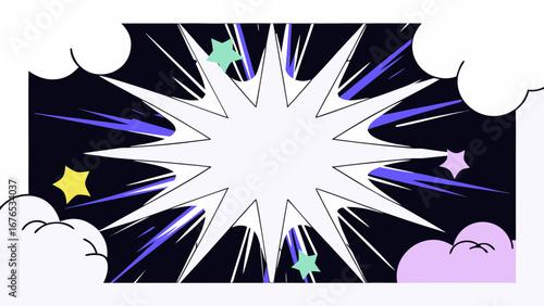 Explosive comic book style burst with stars and clouds on dark background
