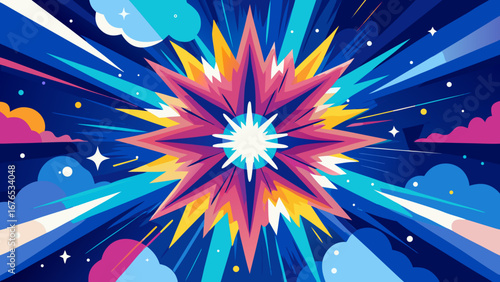 Vibrant abstract explosion of colors and shapes against a deep blue cosmic background