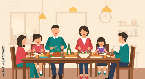 Flat design illustration of a family dining together at a wooden table in a brightly lit room with various food items and a bottle of wine