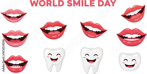 World smile day with lips and teeth, celebrating importance of happiness and dental health for a positive attitude