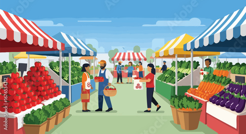 Vibrant farmers market scene with fresh produce and bustling shoppers in a lively setting illustration, outdoor stalls with colorful awnings