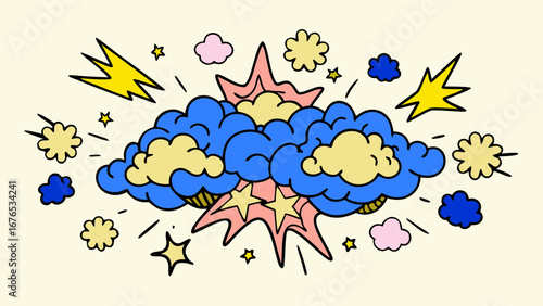 Vibrant comic book explosion with stylized clouds stars and lightning bolts