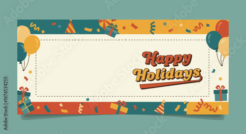 Festive retro inspired holiday banner with balloons confetti and gifts providing ample space for seasonal greetings and messaging