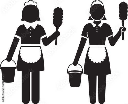 Two maid silhouettes holding cleaning supplies