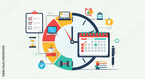 Strategic time management diagram visualizing a balanced daily routine with work and personal life representations