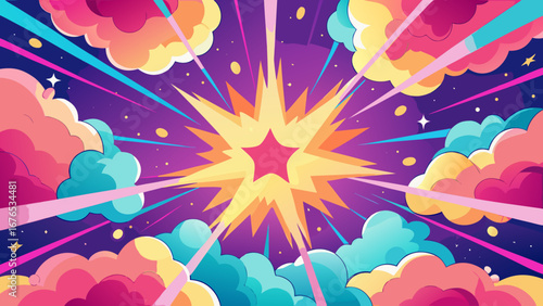 Vibrant comic book style explosion with starburst and colorful clouds against a purple sky