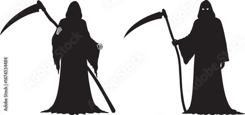 Two grim reaper figures holding scythes silhouette