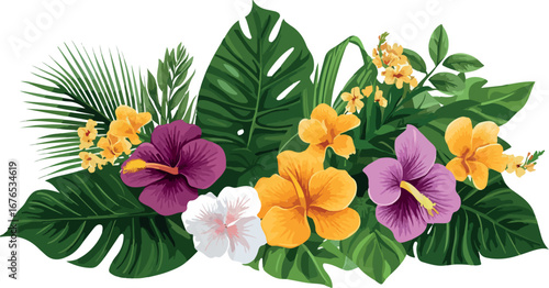 Vibrant tropical flower arrangement with lush greenery and exotic blooms on white background