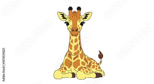 Adorable giraffe cartoon illustration featuring a cute, young animal in a sitting position with a friendly expression and simplistic design