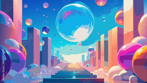 Surreal cityscape with giant floating bubbles and vibrant colors under a bright blue sky