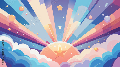 Vibrant starburst sky with colorful clouds and celestial orbs