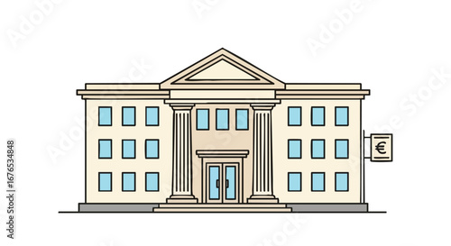 Illustration of an elegant bank building, financial institution with a classic architectural style and euro sign,isolated on white, business concept