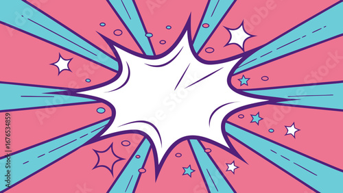 Retro comic book explosion burst with stars and circles on pink and teal background