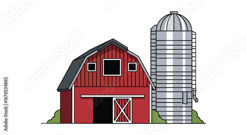 Whimsical Farm Illustration: A Charming Red Barn and Silo Depiction with Countryside Appeal and Graphic Style Visual, isolated on white background