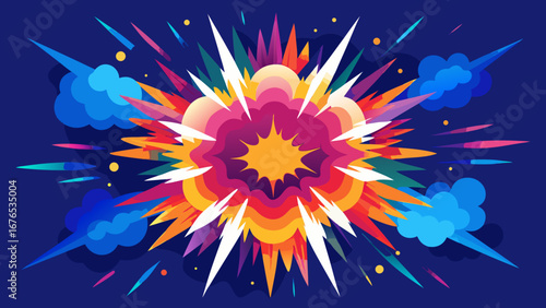 Vibrant abstract explosion with colorful shards and smoke clouds on a dark blue background