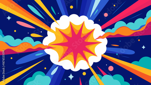 Explosive burst of vibrant colors and shapes against a dark blue cosmic background