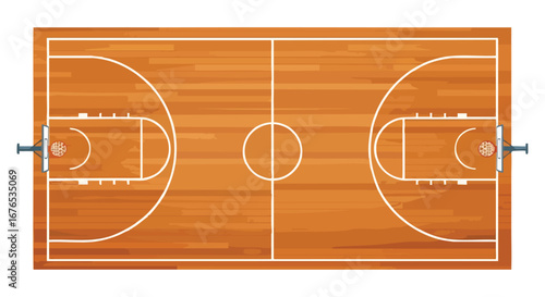 Detailed overhead view of a basketball court, showcasing its wooden texture and precise court markings for sports graphics