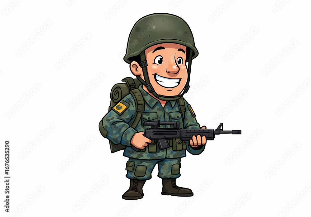 Fototapeta premium Smiling Cartoon Soldier Military Illustration on transparent background