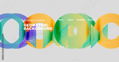 Colorful abstract shapes form dynamic website header. Text overlays promote work, portfolio, contact options. Modern design.