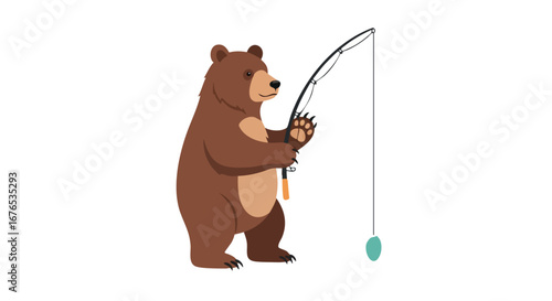 Cartoon depiction of a brown bear holding a fishing rod ready to catch some fish with a humorous and charming illustration style for children books
