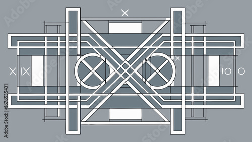 Abstract geometric design with intersecting lines circles and roman numerals in shades of grey