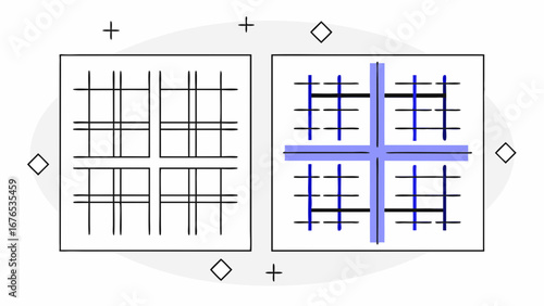 Visual comparison of a grid structure with and without highlighted intersecting lines and segments