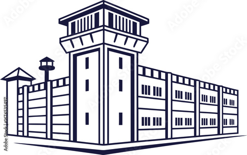 Prison Building Illustration. Correctional Facility Drawing. Jail Architecture Artwork. Penitentiary Building Sketch. Prison Structure Illustration. Detention Center Drawing. Security Prison Building