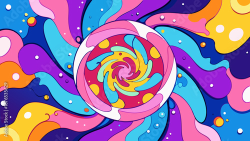 Vibrant psychedelic swirl pattern with a central lollipop design and flowing abstract shapes
