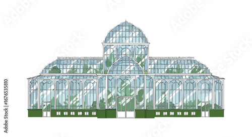Architectural illustration showcases detailed greenhouse with glass panels and green base, set against a bright white backdrop, exhibiting a blend