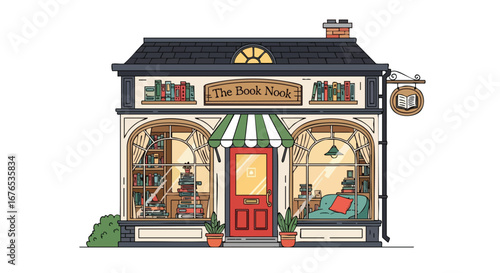 Charming Bookshop Illustration Featuring Cozy Nook, Bookshelves, and Architectural Details