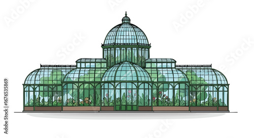 Botanical Conservatory Illustration: Glass Domes Enclosing Lush Greenery and Vibrant Flowers within a Serene Ornamental Garden Setting