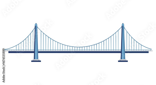 Illustration of suspension bridge with blue pylons and cables on a white background