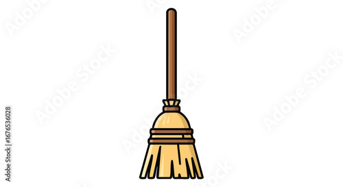 Cartoon illustration of a traditional broom with a wooden handle for cleaning purposes and housekeeping tasks in domestic environments