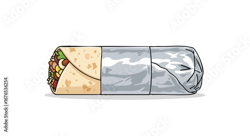 Illustration depicting a wrapped burrito with visible ingredients on a stark white background for commercial use